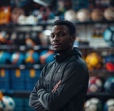 Black man in front of a wall of sports equipment