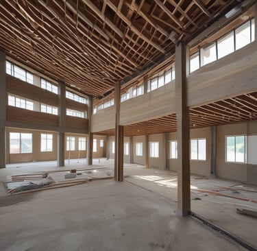 A large piece of heavy machinery is positioned in front of a partially demolished building. The building's exterior shows significant damage, with debris scattered and structural beams exposed. Nearby, a large metal container and a scoop from the machinery are visible.