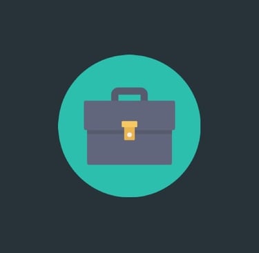 A briefcase with a gold buckle is imposed in a teal circle.