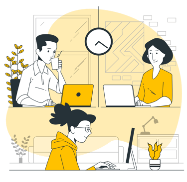 A man and two woman sit at their separate desks, with a clock above them as they work on their pcs