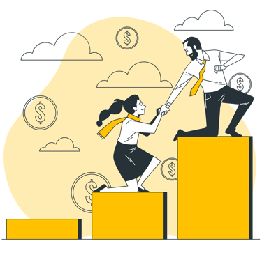 Dollar signs are in the background as a man helps pull a woman up on a pedestal, as they climb