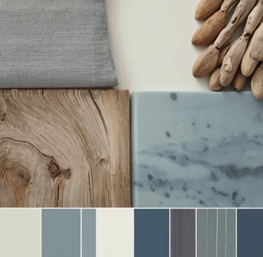 Eine elegante Auswahl an verschiedenen Materialien und Farben in Beige und Blautönen .