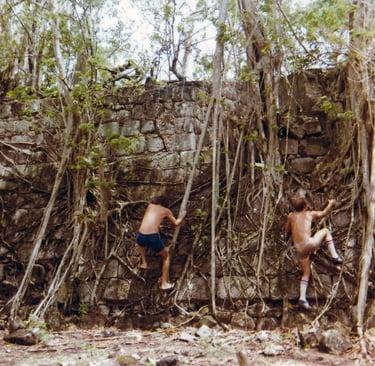 The author climbing the outer wall of the Cabrits