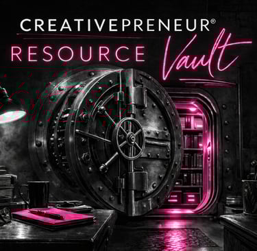 Creativepreneur Resource Vault logo above an open bank vault door glowing with pink neon light.