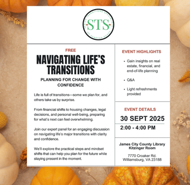 Flyer with autumn leaves background promoting a workshop on navigating life’s transitions, downsizin