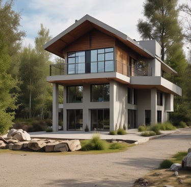 An elegant, large estate with intricate architecture, featuring numerous spires and chimneys. A manicured lawn with symmetrical stripes leads to a fountain in front of the building. Lush green trees line both sides of the pathway, and there is a tram on a paved road to the right.