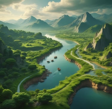 River winding through a green valley.