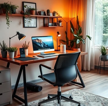 a desk with a computer and a laptop home office setup by softologics