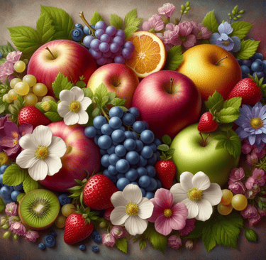 Cultured dextrose, fruits, apples, grapes, strawberries and flowers 