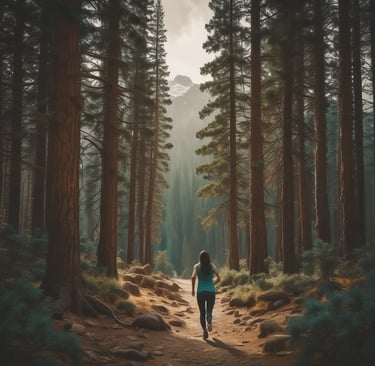 a woman walking down a path in a forest