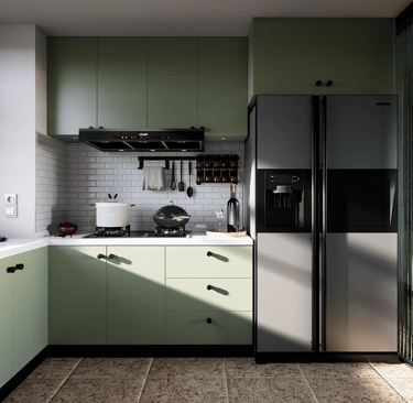 a kitchen with a refrigerator and a refrigerator freezer
