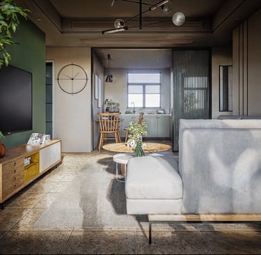 a living room with a couch and a television
