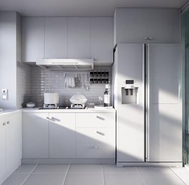 a kitchen with a refrigerator and a refrigerator freezer