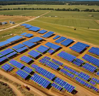 Aerial view of a large solar panel farm