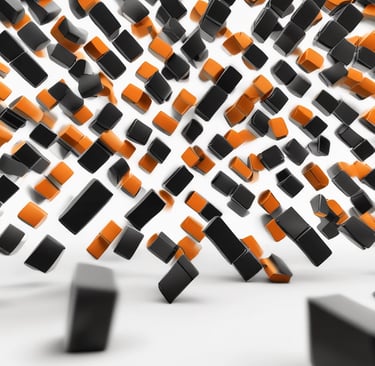 Abstract shapes arranged on clear, angled shelves.