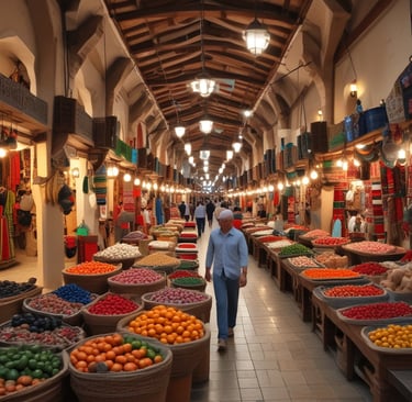 a man walking down a street in a market