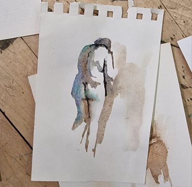 Abstract watercolor figure study exploring light, silhouette, and gestural movement in observational design.
