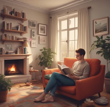 A person is lying on a bed, leaning on the mattress with a relaxed expression. The individual is wearing patterned pajamas. The room has a modern style with a wooden headboard and curtains partially open to reveal a window. The mattress is branded 'The Sleep Company' and has a textured blue and white top.