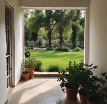An elderly person wearing an orange robe stands facing a man seated in a dark entrance. A large dog sits nearby, looking towards the viewer. The setting is rustic, with a wooden structure in the background and shelves holding clay pots.