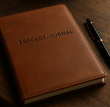 Stillleben mit Erfolgsjournal, edlem Füller und Kristallen auf einem Holzschreibtisch – Symbol für F