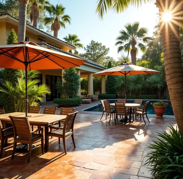 a stamped concrete patio with a table and chairs and umbrellas
