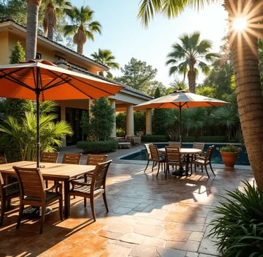 a stamped concrete patio with a table and chairs and umbrellas