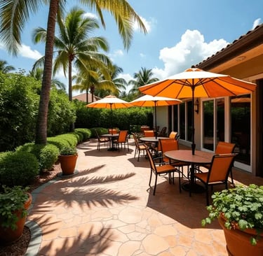 Stamped Concrete Patio with outdoor chairs and tables with big orange umbrella in Florida