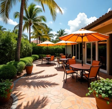 a decorative concrete patio with tables and chairs and some orange umbrellas