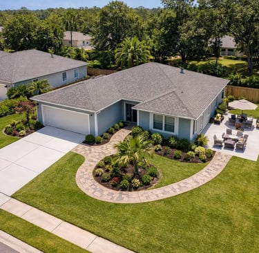 Aerial shot of Apopka, FL Residential community showing a concrete driveway, stamped walkway and a clean patio