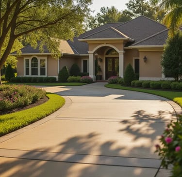 Freshly pressure-washed concrete driveway in a residential area of Apopka, Florida.
