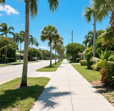 a cocnrete sidewalk with palm trees 