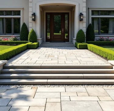 a house with a large concrete steps leading to a large front door