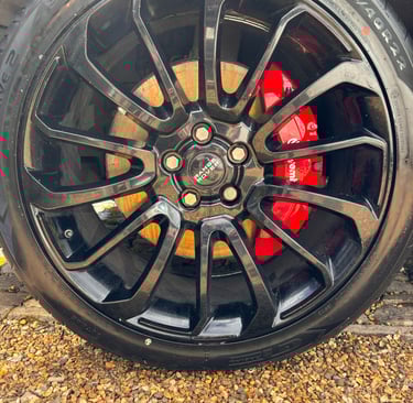 shiny car wheel and bright red calliper