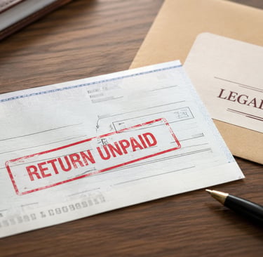 Close-up of a dishonoured bank cheque stamped "Return Unpaid" beside a legal notice envelope and pen