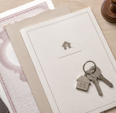 Top-down flat lay of property sale deed documents, stamp paper, and house keys on a light wooden sur