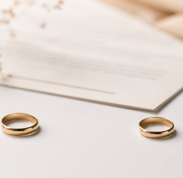 Two wedding rings placed apart on a clean white surface with a softly blurred legal document in the
