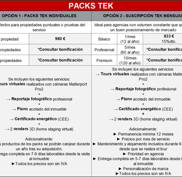 Tabla comparativa de Packs TEK de Xarlantek con opciones individuales y suscripción mensual, que incluyen tour virtual Matter