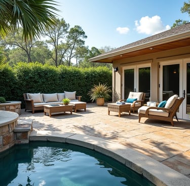 a patio pool deck with a couch and chair 