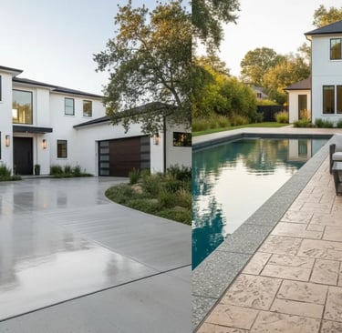 A modern pool deck and driveway with different concrete finish in Davis, CA
