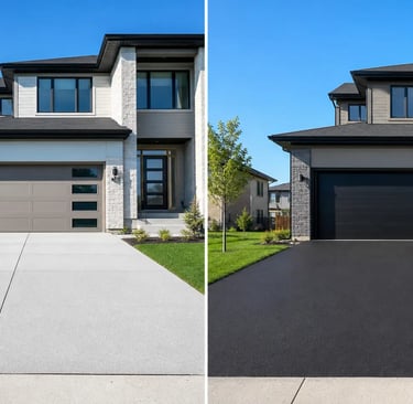 side-by-side comparison of a newly poured concrete driveway on the left and a freshly paved asphalt driveway on the right,