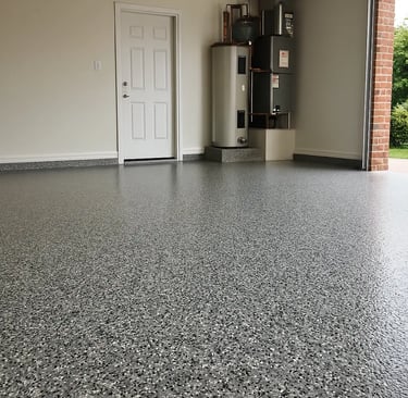 a garage with epoxy flooring