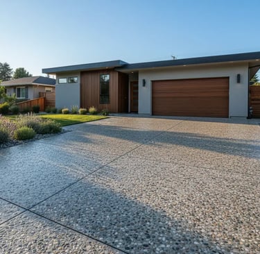 Exposed aggregate concrete driveway at a suburban home in Davis, California.
