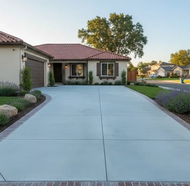 Broom-finished concrete driveway at a residential home in Davis, California.