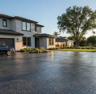 Stamped concrete driveway with decorative stone pattern at a home in Davis, California.