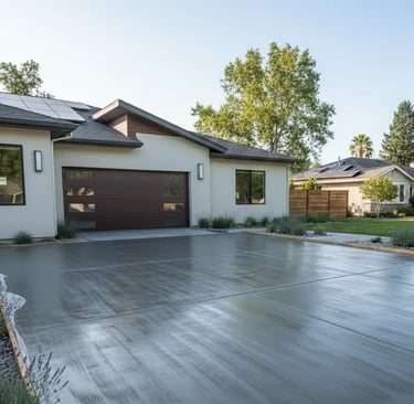 Freshly poured broom-finished concrete driveway in front of a modern home in Davis, California.