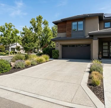 Concrete driveway at a home in Davis, CA during summer