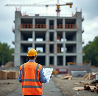 a construction worker in a construction site with a building in the background