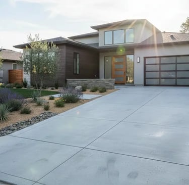 A modern suburban home in Davis, California with a newly installed smooth concrete driveway