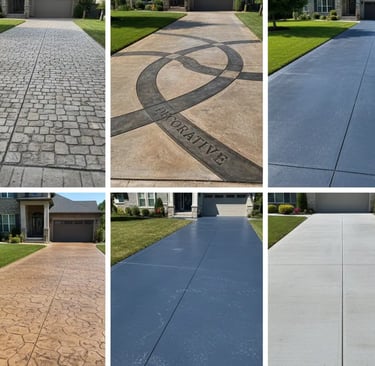 different types of concrete driveway: Stamped, exposed aggregate, decorative, colored, brush finished