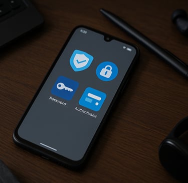 Smartphone moderno com tela exibindo aplicativos de segurança digital, posicionado sobre uma mesa de